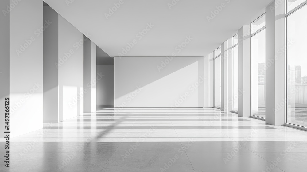 Fototapeta premium Minimalist sunlit empty room with large windows and city view