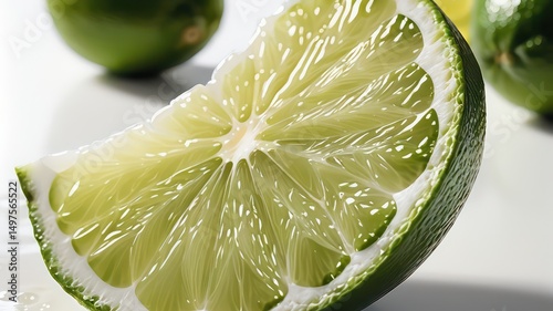 A vibrant lime wedge showcasing its juicy, glistening segments and textured rind, with blurred whole limes in the background
