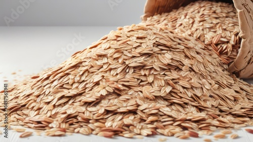 A Bountiful Heap of Light Brown Grains Spilling from a Rustic Container onto a White Surface