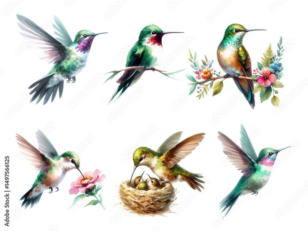 Fototapeta premium Hummingbird vignettes in watercolor style