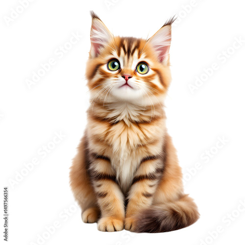 A fluffy brown tabby kitten sitting upright with green eyes looking upwards on a black background isolated with white background