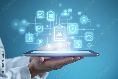 Digital healthcare technology concept with glowing medical icons on a tablet.