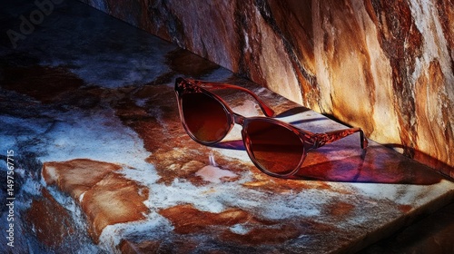 Stylish brown sunglasses resting on marble.
