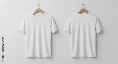 Blank Tee Front & Back: A clean, minimalist studio shot of a blank white tee shirt on a wooden hanger. Ideal for apparel mockups. Perfect for showcasing designs.