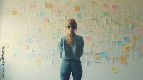 Woman reviewing numerous sticky notes on a wall.