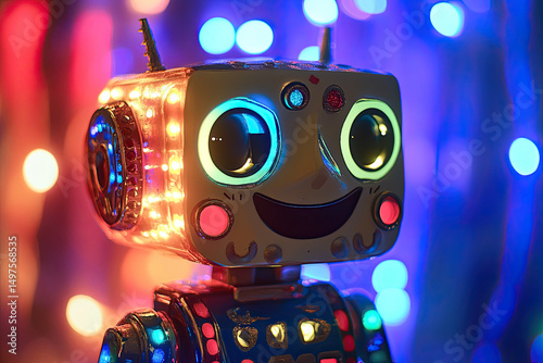 Cute robot toy with facial expressions and lights on transparent background

