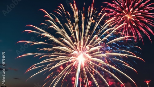 Nighttime pyrotechnic display featuring vibrant bursts of red, white, and blue fireworks exploding in the dark sky photo