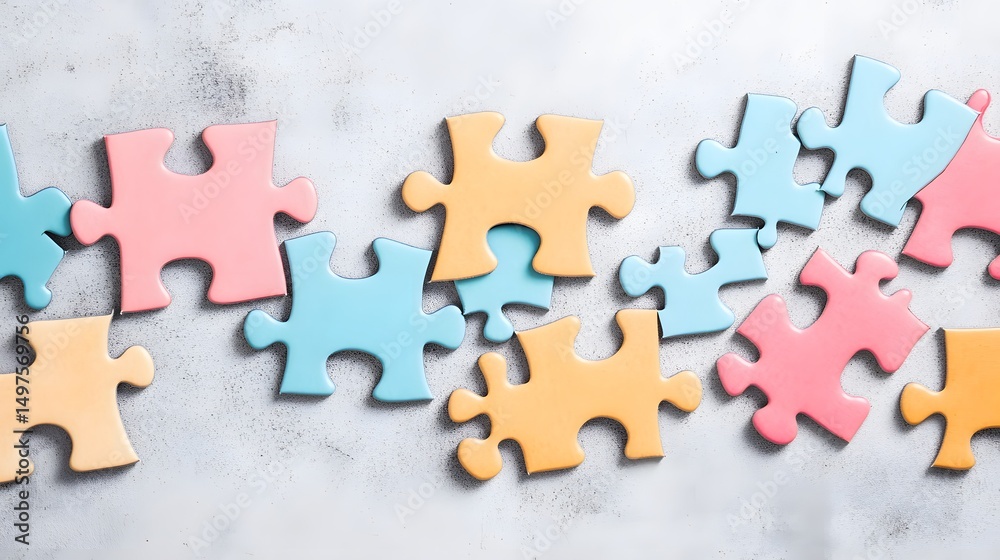 Fototapeta premium Colorful Jigsaw Puzzle Pieces Scattered on Grey Background