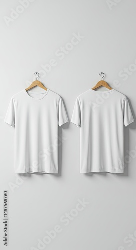 Minimalist Tee Showcase: A pair of blank white t-shirts hang on wooden hangers against a sleek wall, offering a canvas for potential branding or design, representing simplicity and versatility.