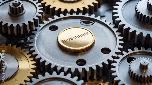 Gears interlock around a gold coin labeled 