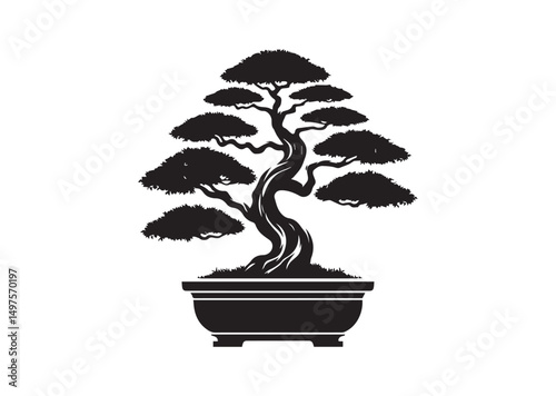 Bonsai Tree Silhouette Black Vector White Background