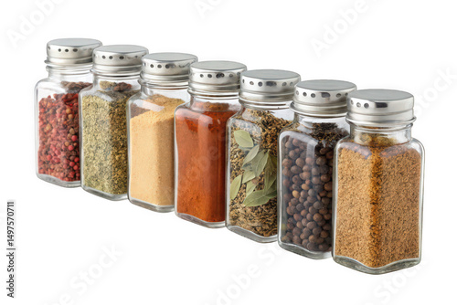 Six Glass Spice Jars with Assorted Spices on Transparent Background, AI Generated