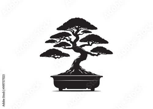Bonsai Tree Silhouette Black Vector White Background