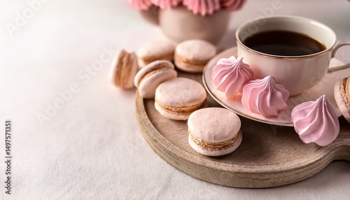 cozy coffee break with pink macarons and meringue tartlets on a light background