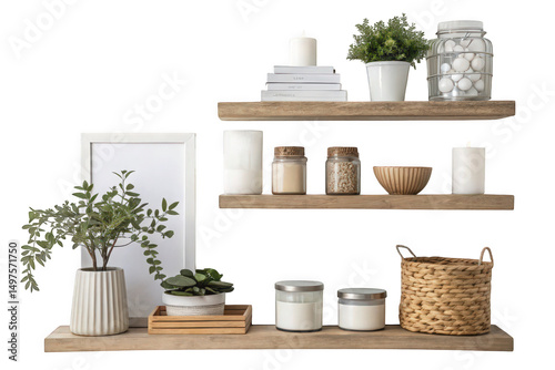 Stylish Wooden Shelves Decorated with Plants Candles and Home Accessories on transparent background, AI Generated