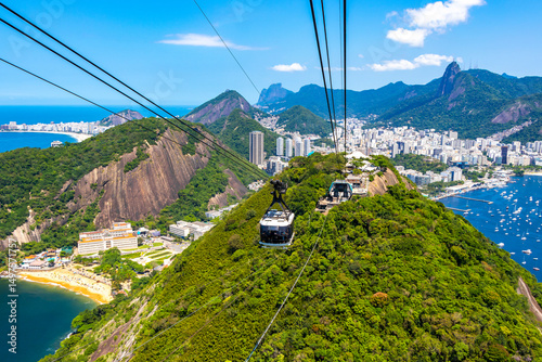 Sugarloaf mountain and Cable Car Panorama Rio de Janeiro Brazil.