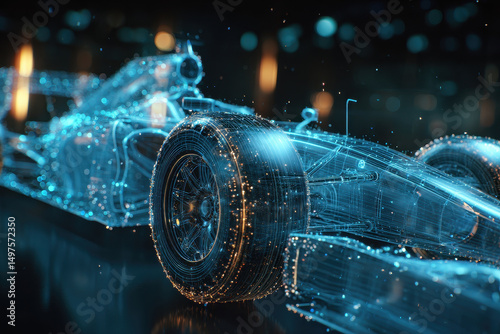 Futuristic digital car with glowing lines and dots, showcasing innovation