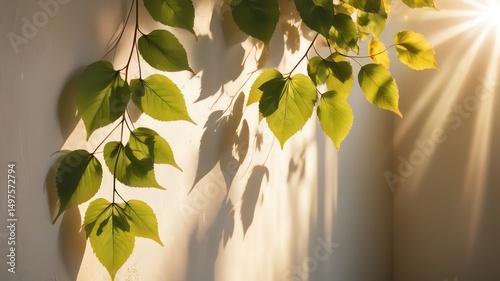 Sunlight illuminating vibrant green leaves casting shadows on a light beige wall