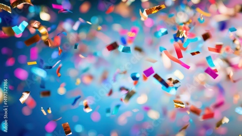 A colorful confetti shower against a blue background.