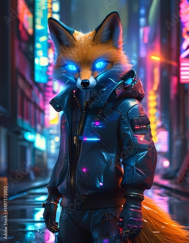 A stylized fox character with glowing blue eyes and fur poses on a rain-soaked street, surrounded by vibrant neon lights of a futuristic cityscape.