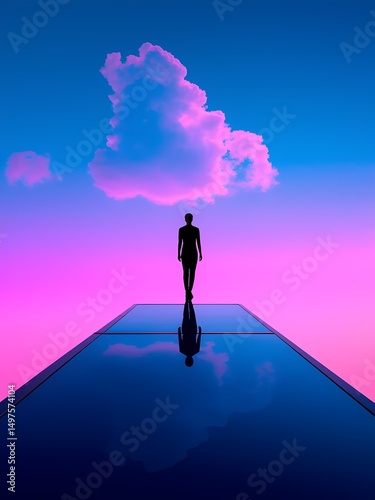 Silhouette walking on a reflective path under a vibrant sky at sunset in a surreal landscape