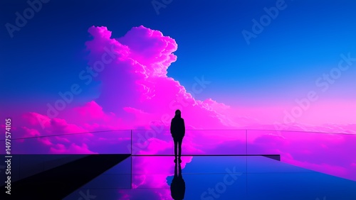 Silhouette walking on a reflective path under a vibrant sky at sunset in a surreal landscape