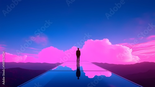 A person stands confidently on a reflective pathway, silhouetted against a stunning, colorful sky filled with soft clouds during sunset. The atmosphere is serene and dreamlike.