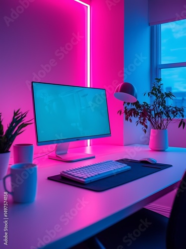 A sleek workspace features a minimalist desk with a computer, lamp, and cozy chair, illuminated by striking pink neon lights creating a vibrant, motivating environment.