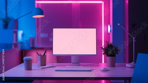 Modern workspace with vibrant neon lighting creates an energizing atmosphere for productivity in a stylish room
