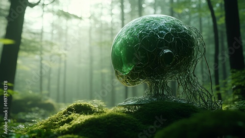 A large, translucent green structure resembling a head sits on a bed of moss in a dense forest. Morning light filters through trees, creating an ethereal atmosphere.