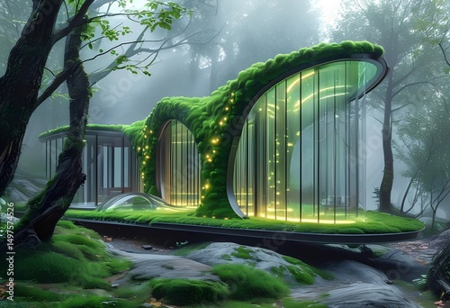 A unique house designed with green features is nestled in a tranquil forest setting. The structure showcases glass and organic materials, illuminated softly by lights, creating a serene atmosphere.