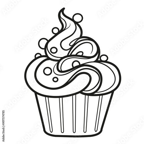 Cupcake with lots of whipped cream outlined for coloring page on a white background