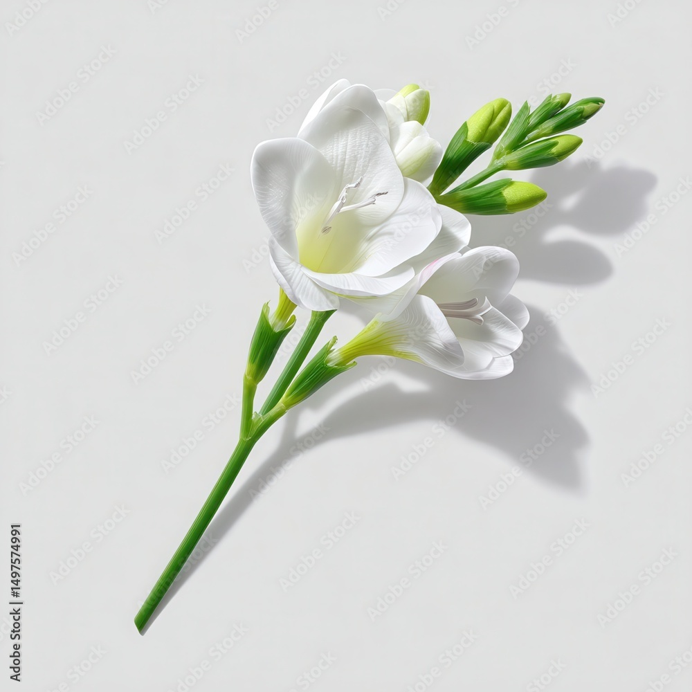 Fototapeta premium A single white freesia flower with green stem, lying on a surface, side view with a slight top-down angle, ultra-realistic photo, sharp focus, high resolution, pure white petals.