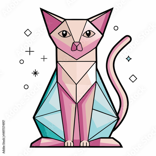 Geometric cat illustration in pink and blue colors with stars  