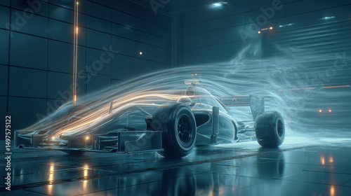 Sleek race car in wind tunnel with dynamic airflow simulation