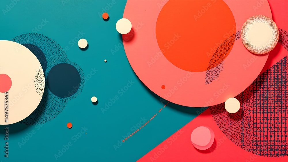 Obraz premium Abstract geometric artwork with colorful circles and textured patterns in teal, coral, and white tones.