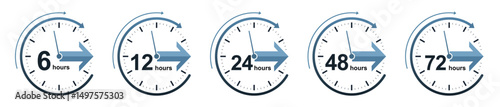 Set of circular clock icons showing hourly intervals from 6 to 72 hours with blue arrows for planning, deadlines, scheduling graphics, delivery times or service intervals.