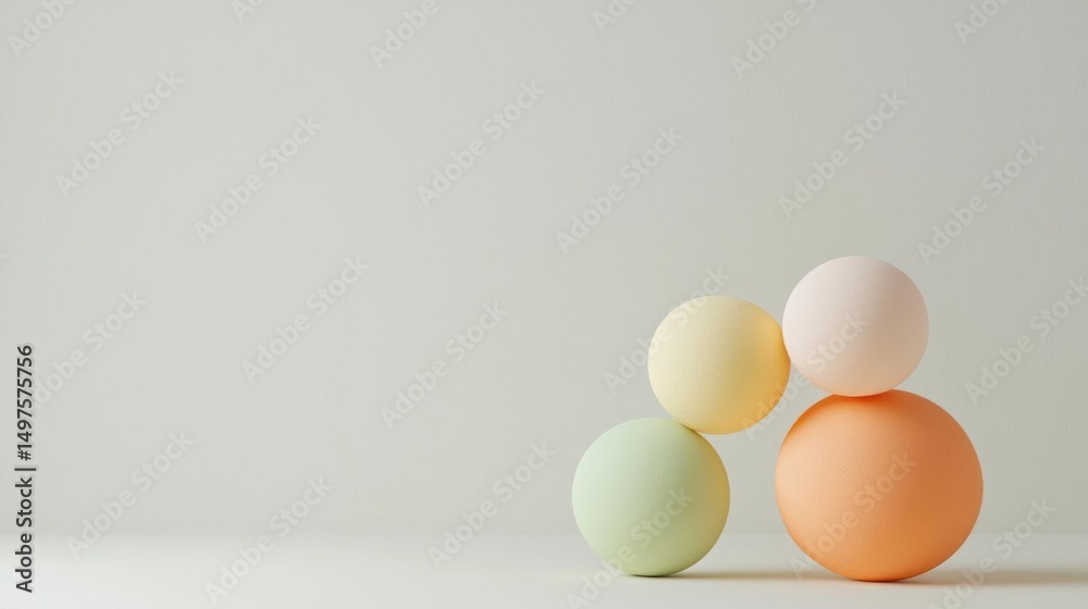 Group of five eggs arranged in a pyramid-like formation on a white surface. the eggs are of different colors - one is light green, one is peach, and one is orange. Group of five eggs arranged in a pyramid-like formation on a white surface. the eggs are of different colors - one is light green, one is peach, and one is orange.