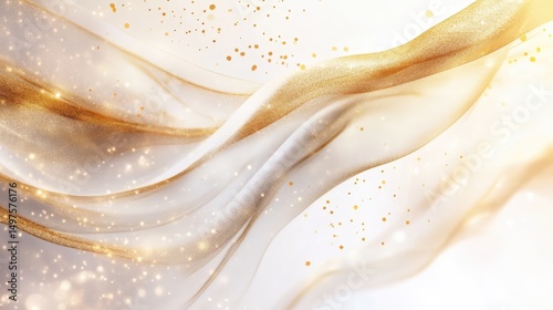 Elegant white silk fabric with gold glitter and shimmering light effect. Perfect for luxury designs, festive backgrounds, and graceful presentations.