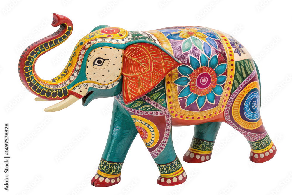 Fototapeta premium Vibrant Hand Painted Wooden Elephant Figurine on Transparent Background, AI Generated