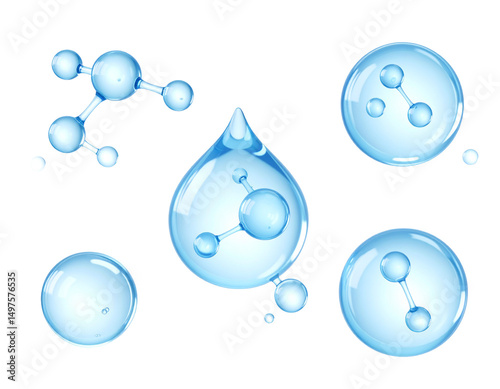Water molecule illustrations; transparent spheres, droplets, and molecular structures