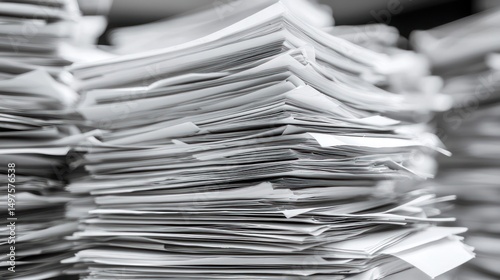 A stack of papers with a black and white filter.