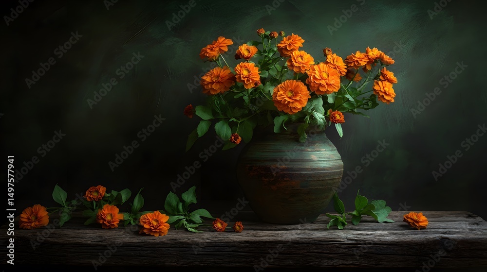 custom made wallpaper toronto digitalVibrant Orange Flowers in Rustic Vase Still Life Photography