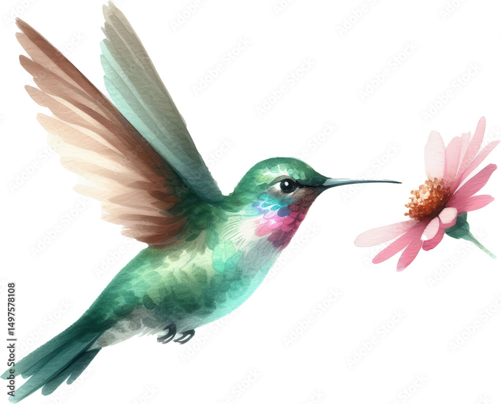 Obraz premium Hummingbird poised near blooming flower