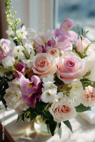 top view of elegant floral arrangement with soft morning lighting