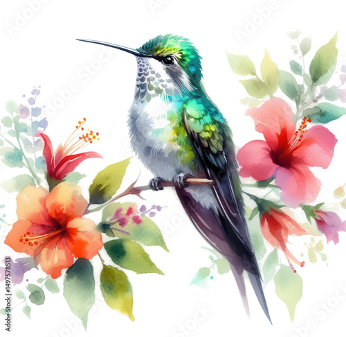Watercolor hummingbird amidst vibrant floral blooms photo
