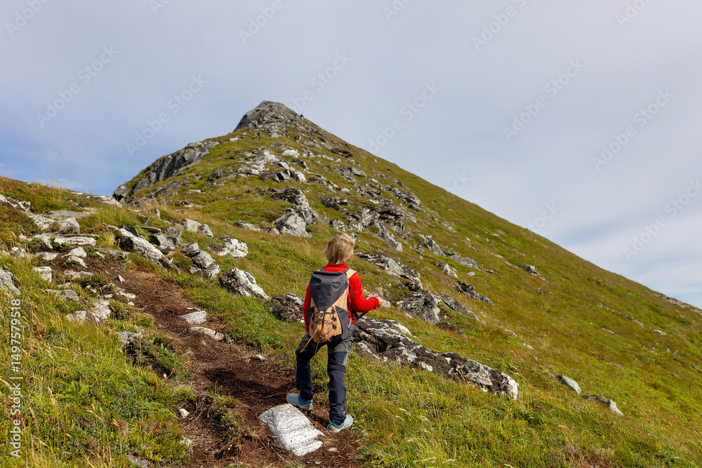 Fototapeta premium Family with kids and dog, hiking in Vaeroya island, the most famous hike Haen, children enjoying hiking on a sunny day