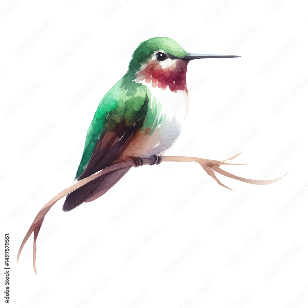 Obraz premium Watercolor hummingbird perched on branch