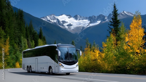 Scenic view of a bus driving along a winding road surrounded by lush greenery and nature