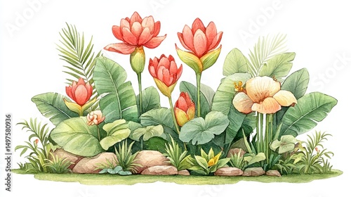 Watercolor Painting of Coral and Peach Flowers in Lush Garden Setting